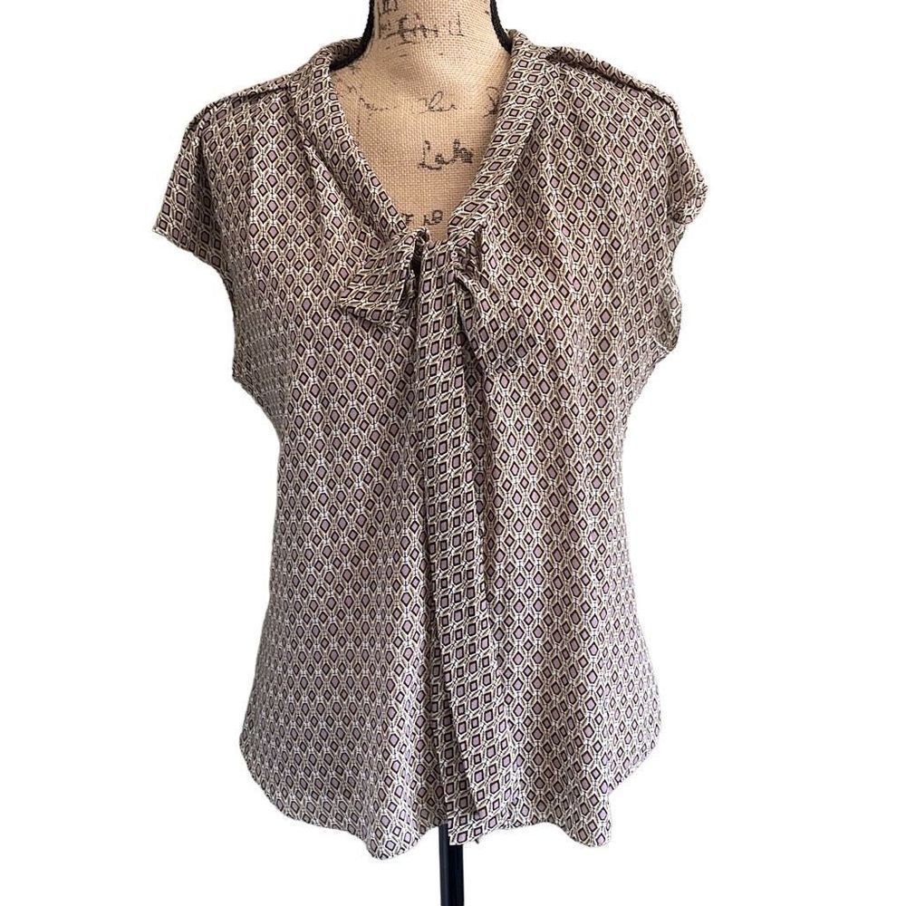 Max Studio Short Sleeve Printed Blouse with Neck Tie - Size Med